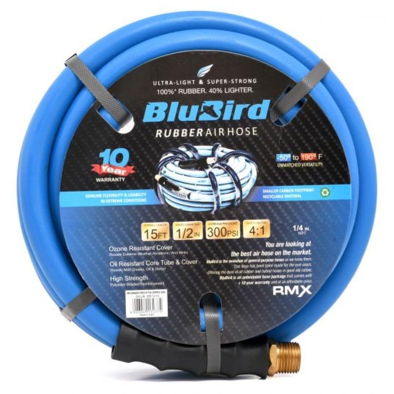 BLUBIRD BB1215 1/2" x 15' Rubber Air Hose, 100% Rubber, Lightest, Strongest, Most Flexible, 300 PSI, 50F to 190F Degrees, Ozone Resistant, High Strength Polyester Braided - Image 1
